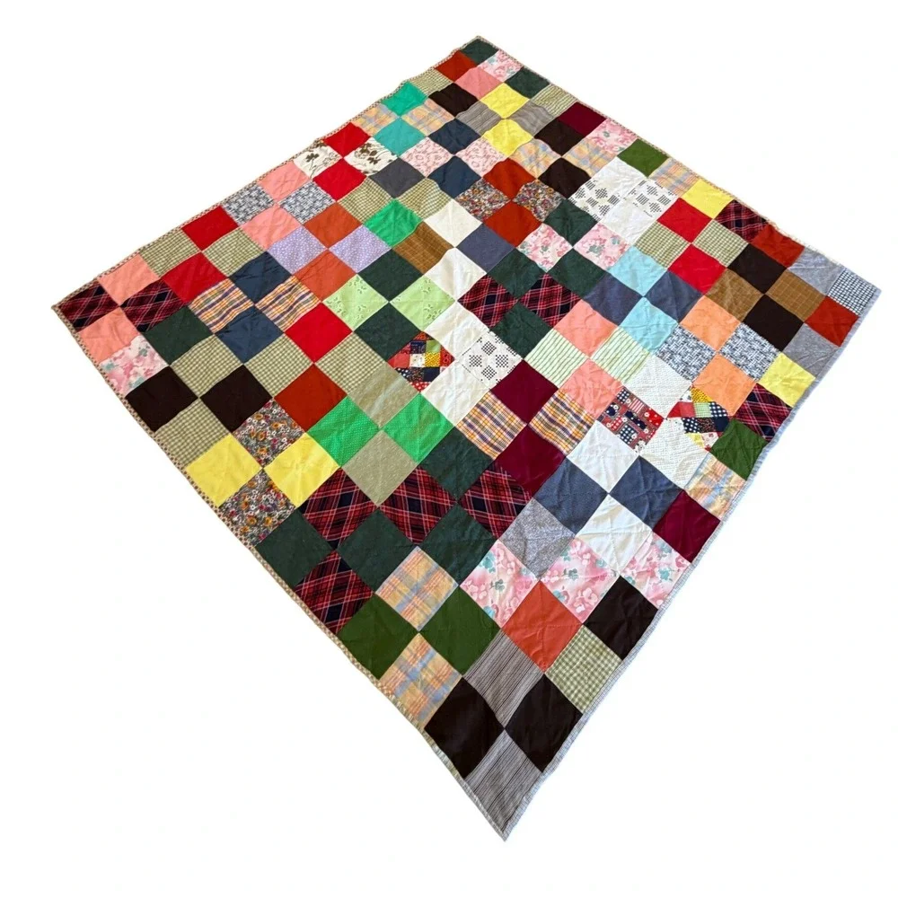 Vintage Handmade Patchwork Quilt Multi Color Plaid Floral Gingham APPROX 78x81